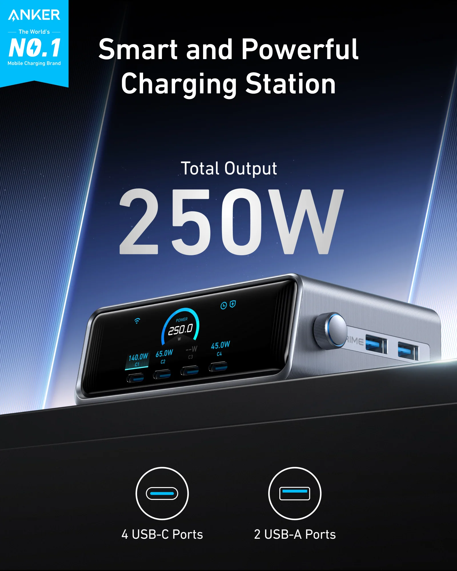 Anker Prime Charger (250W, 6 Ports, GaNPrime) and USB-C to USB-C Cable (240W, Upcycled-Braided) - Image 3